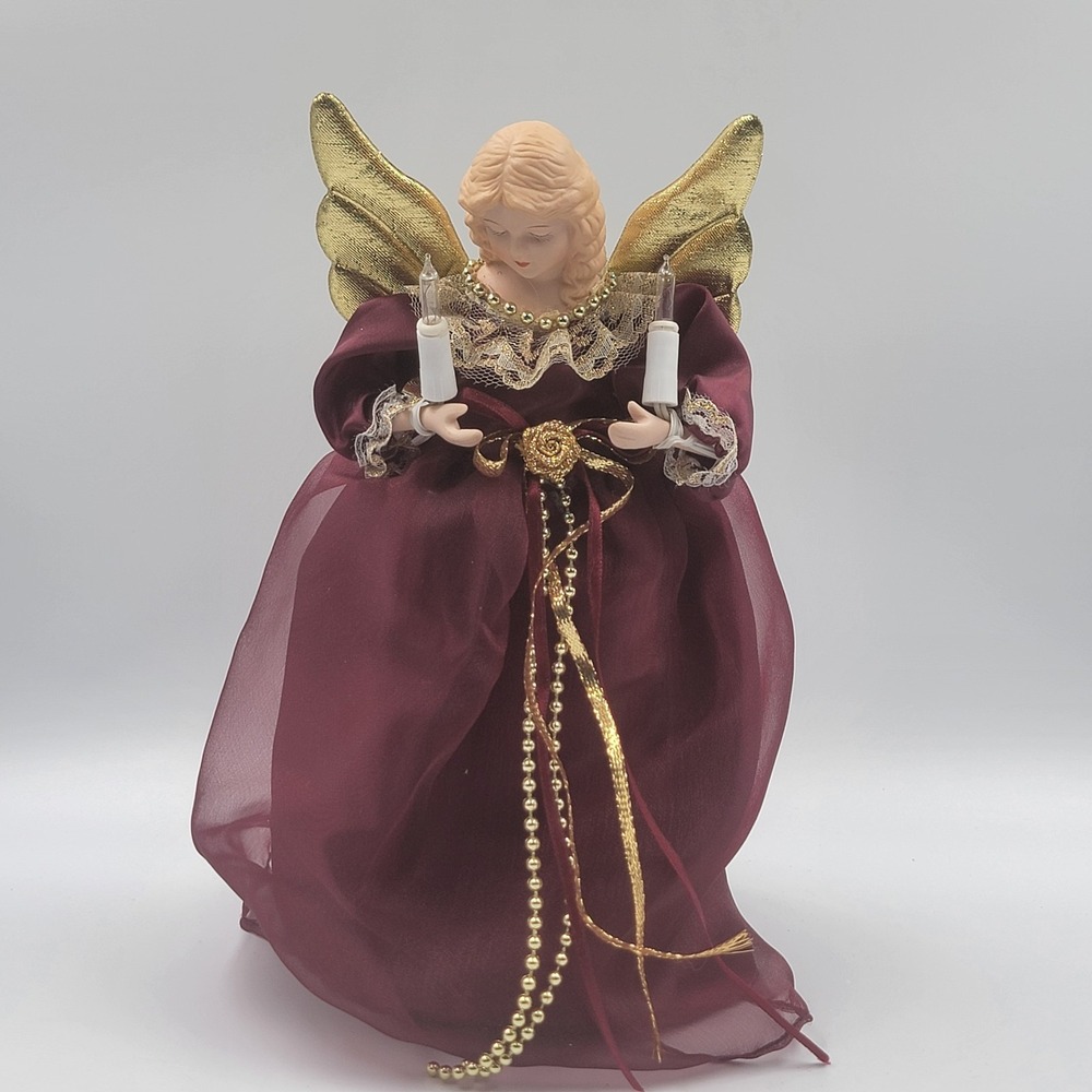 1995 Victorian Blonde Angel 10in Maroon Satin Dress Angel Tree Topper